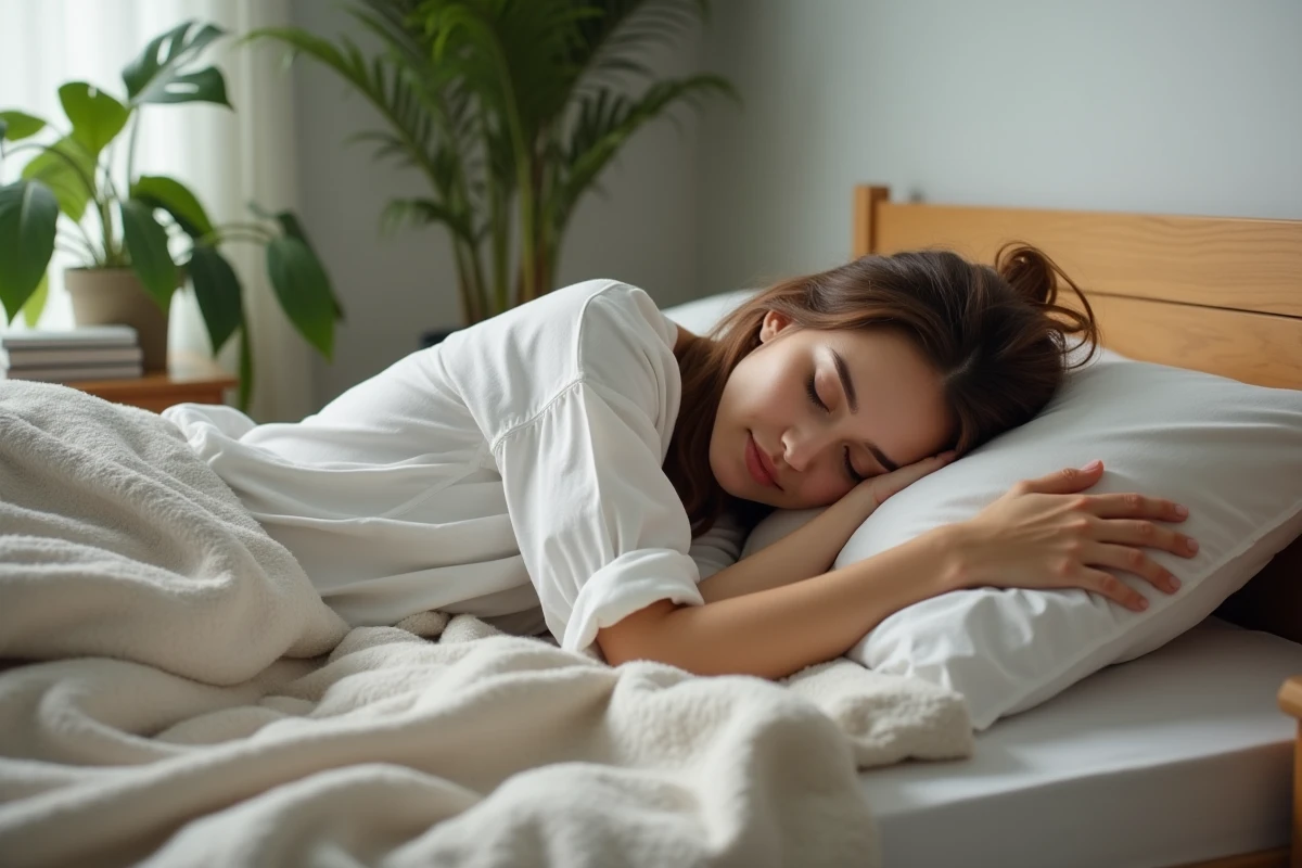 Jeune femme endormie paisiblement dans sa chambre lumineuse