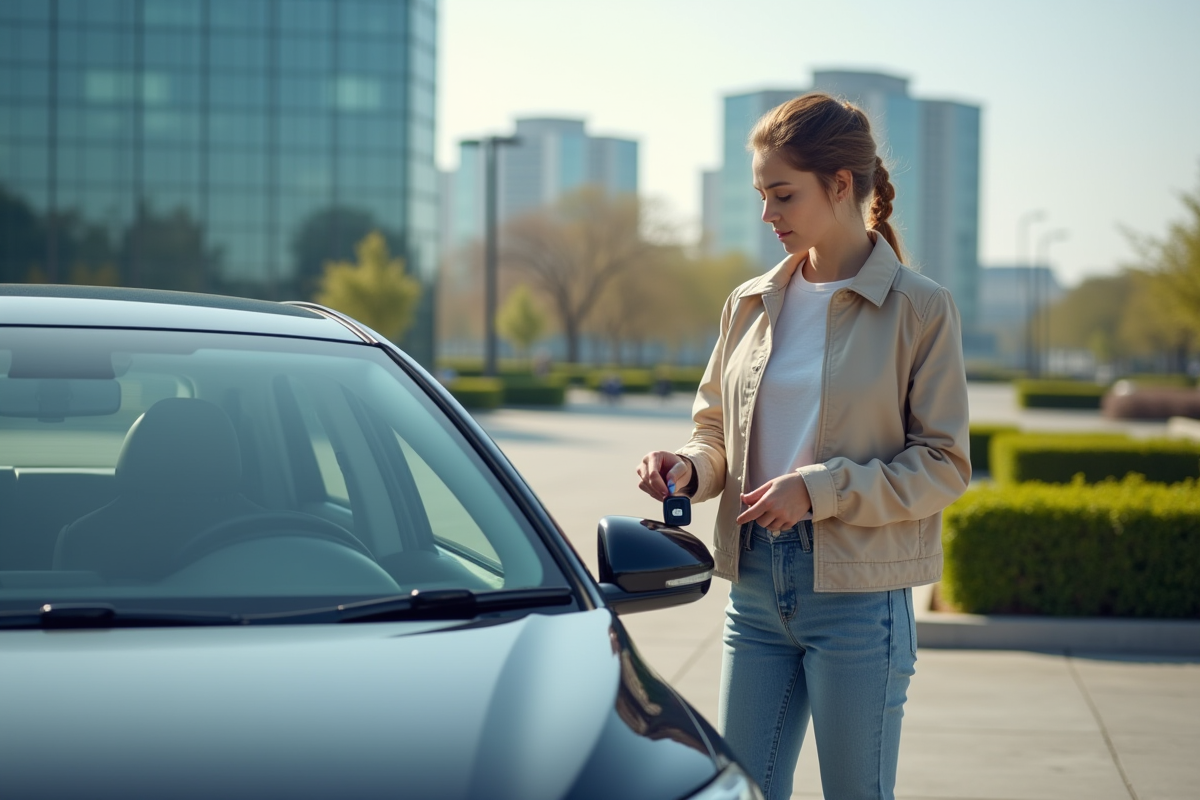 Jeune femme regardant sa clé de voiture hybride dans un parking urbain