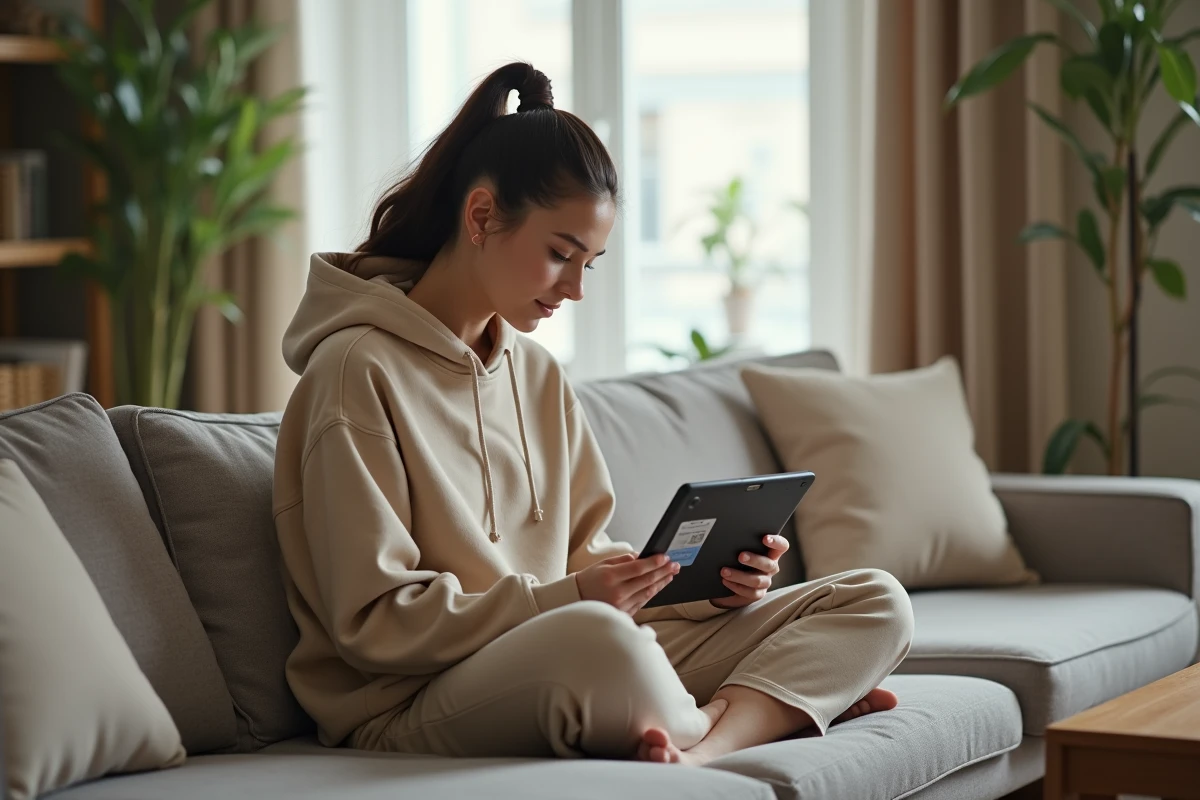 Jeune femme utilisant une carte illicado pour payer sur Amazon depuis une tablette dans son salon