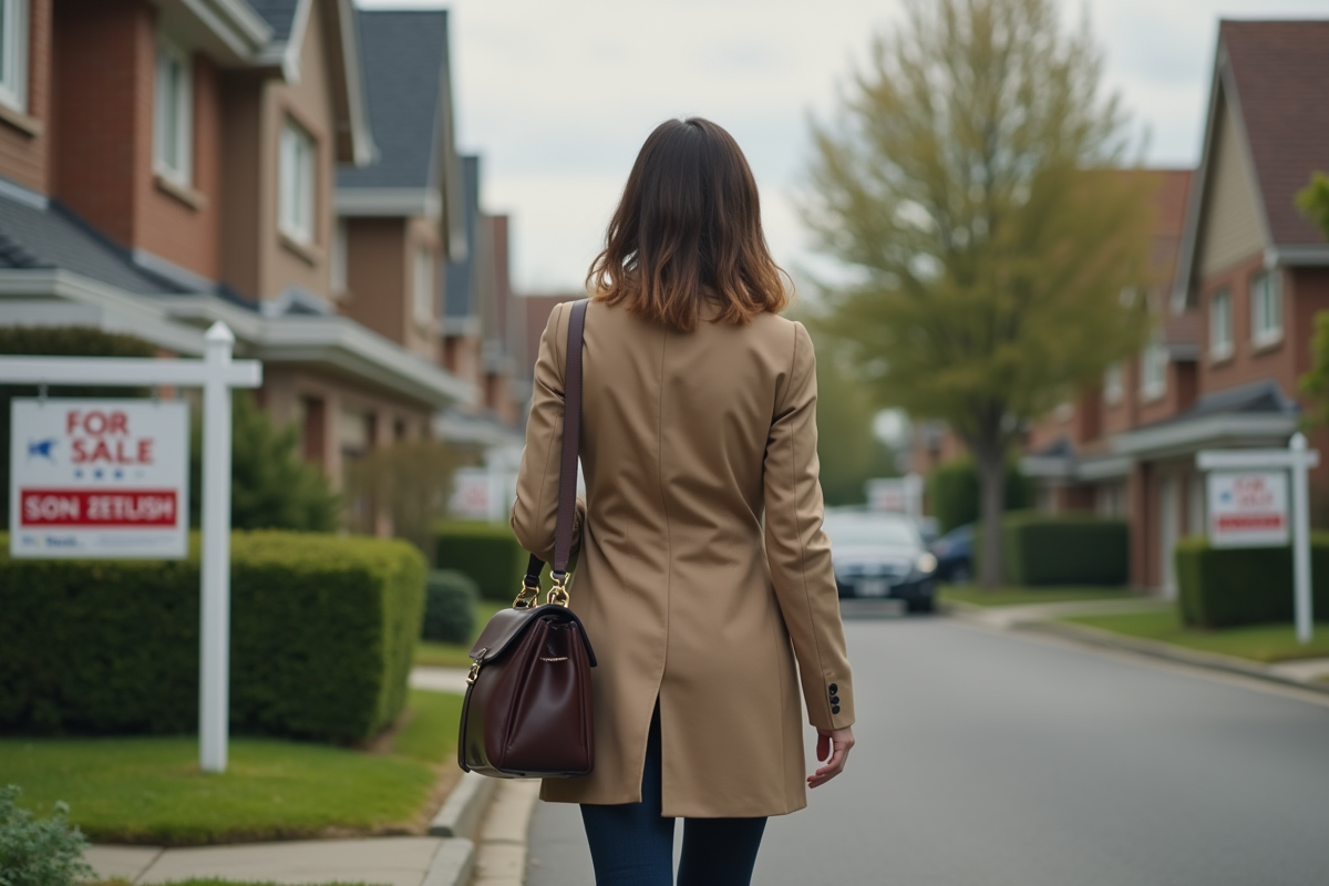 Jeune femme marchant devant des maisons en vente dans un quartier résidentiel