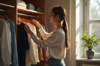 Jeune femme choisissant des vêtements dans un placard organisé
