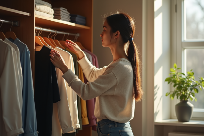 Jeune femme choisissant des vêtements dans un placard organisé