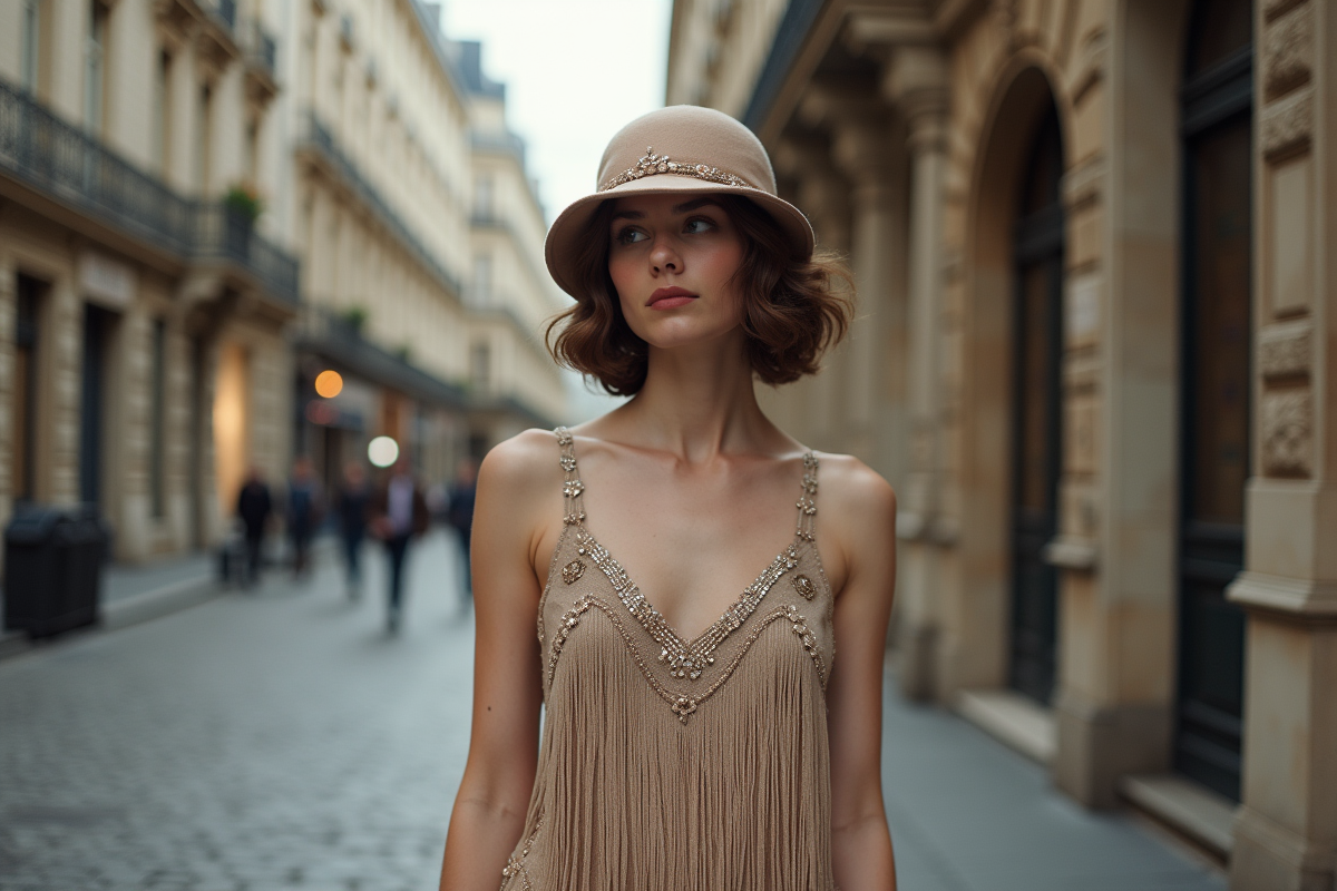 Jeune femme en robe flapper dans une rue parisienne
