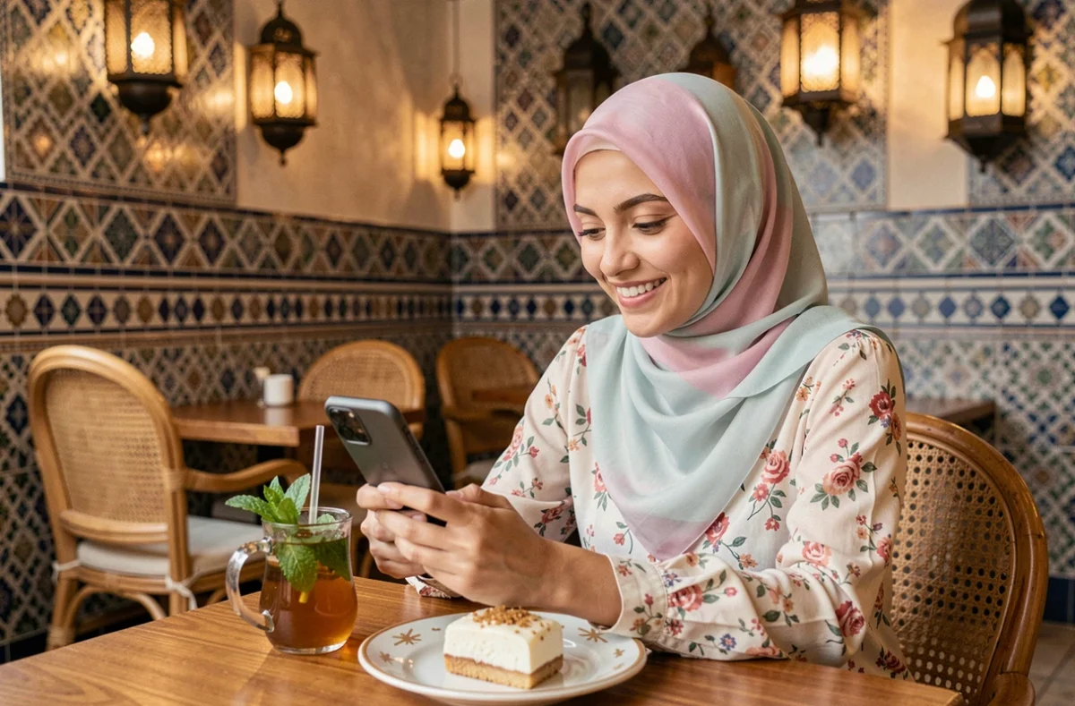 Jeune femme arabe en hijab répondant à un message de Ramadan sur son téléphone dans un café traditionnel nord-africain