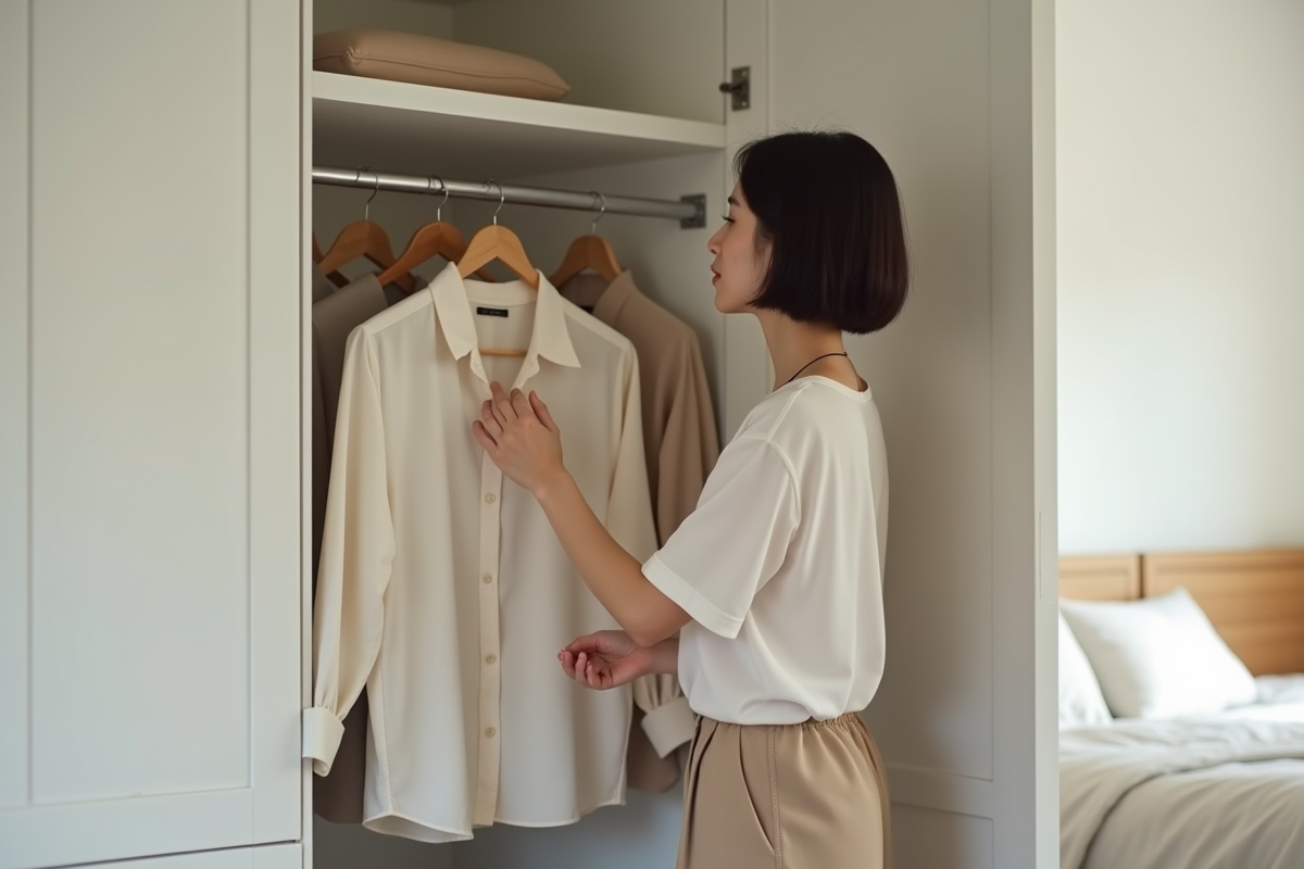 Jeune femme choisissant une blouse beige dans une garde-robe minimaliste