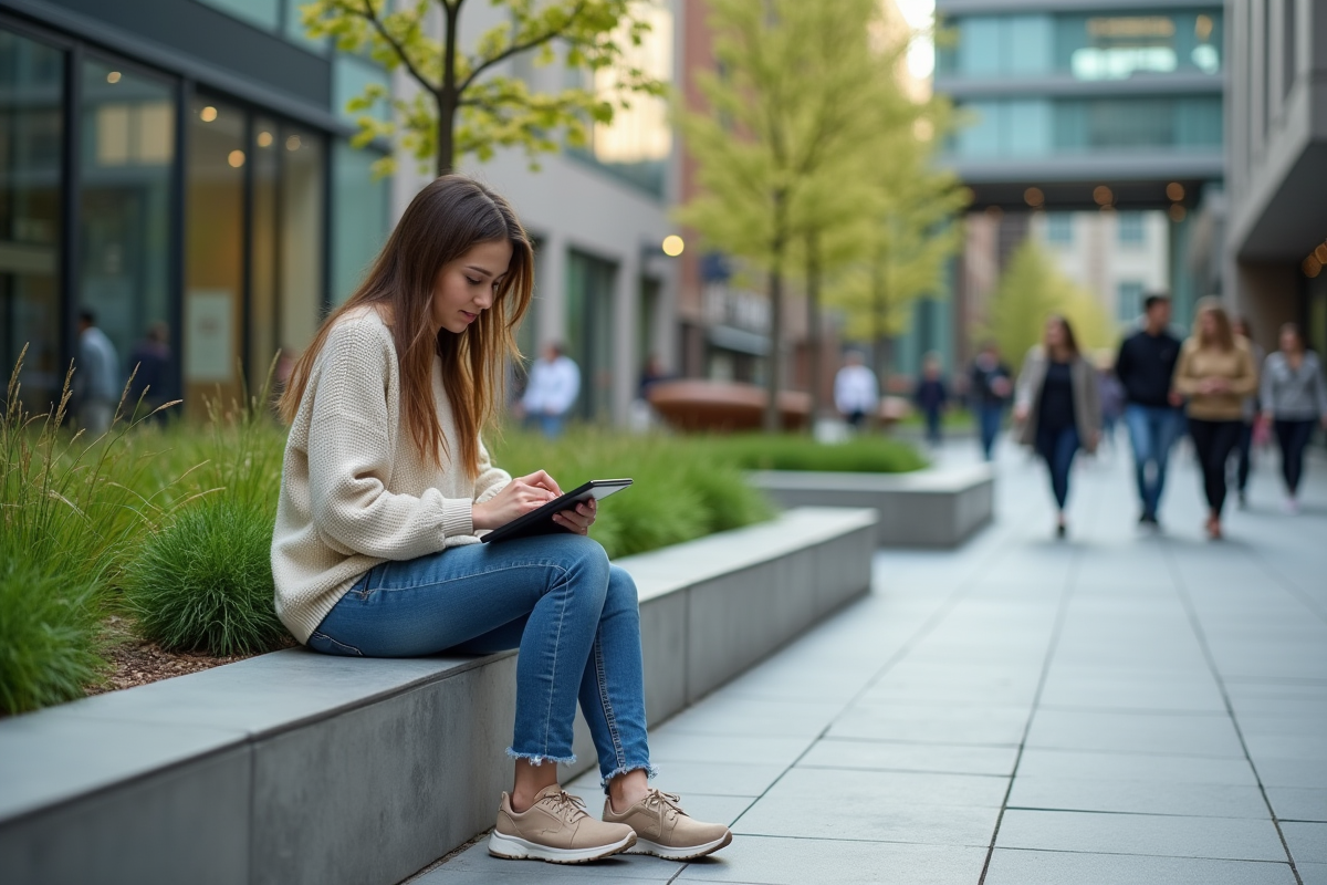 Jeune femme utilisant une tablette dans un espace urbain dynamique