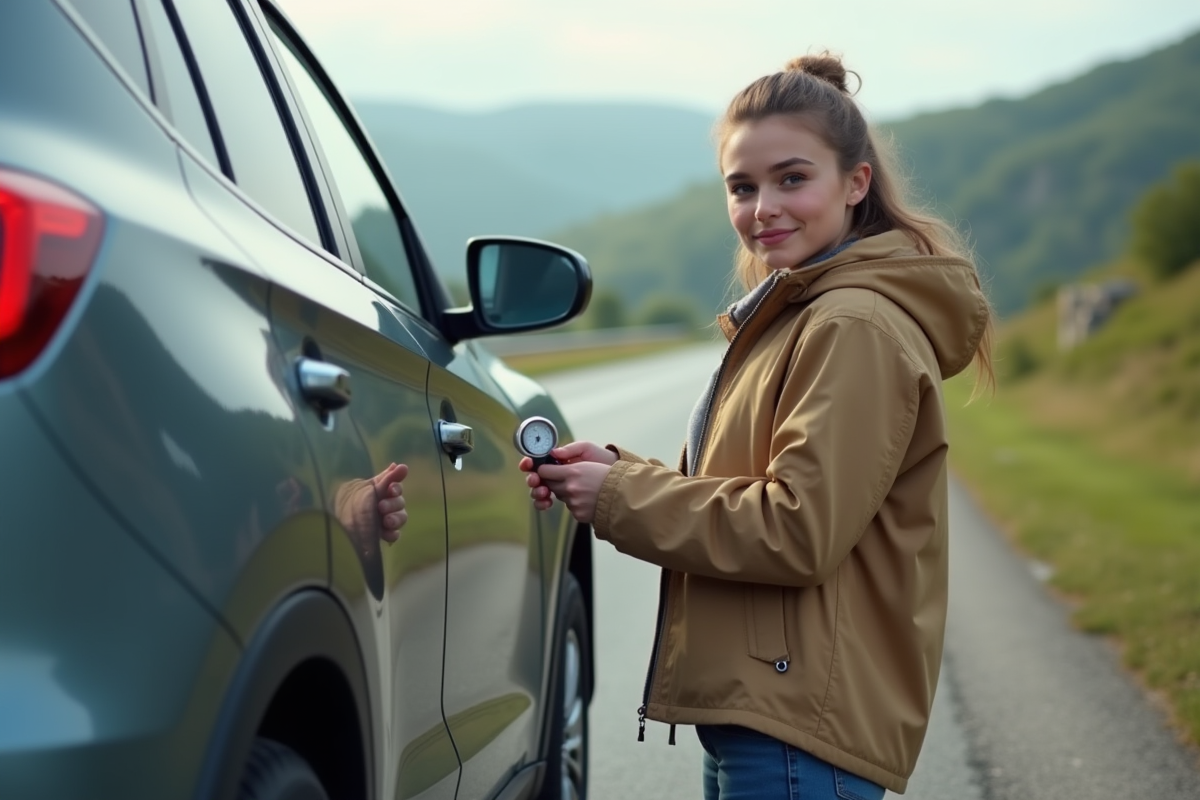 Jeune femme vérifiant la pression de ses pneus à l