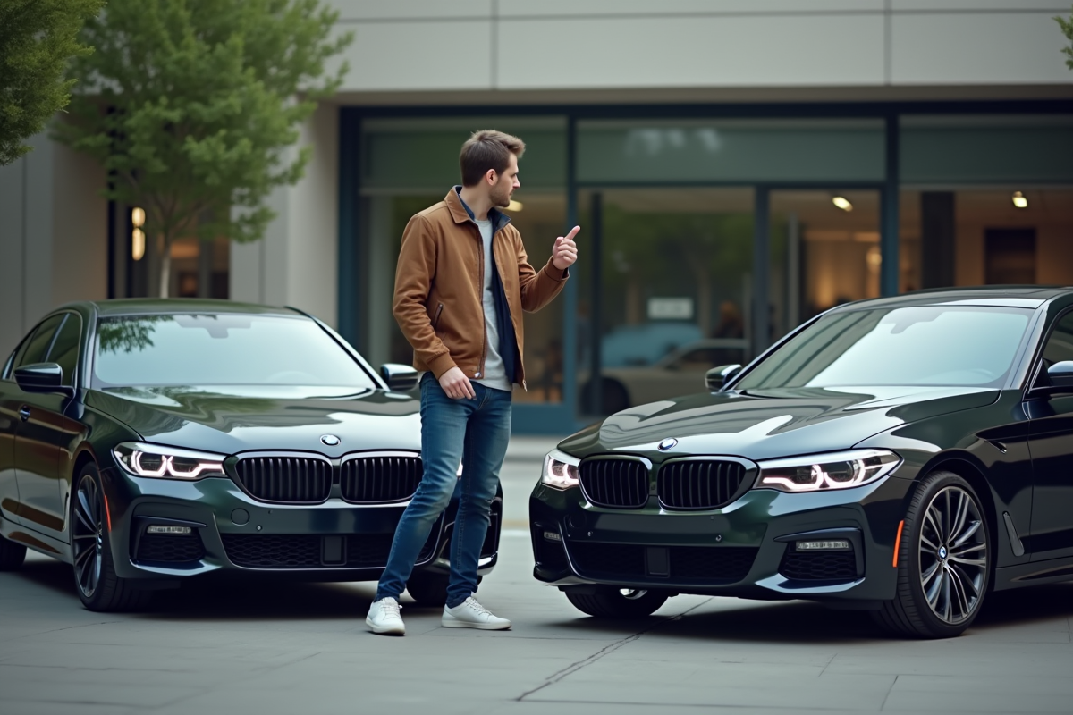 Jeune homme devant deux BMW sportives en ville