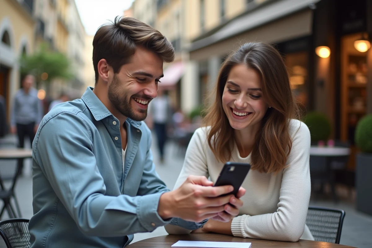 Jeune homme montrant son smartphone à un ami dans un café urbain