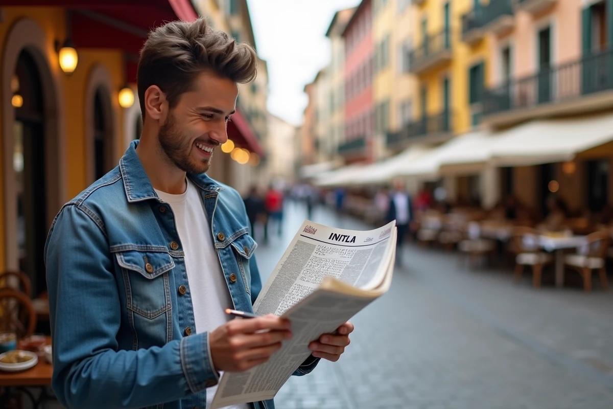 Jeune homme lisant un journal dans un café en ville animée