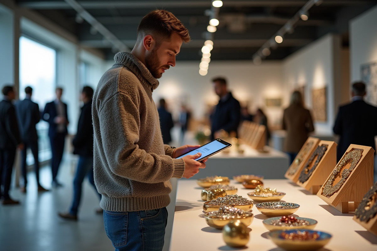 Jeune homme regardant des pieces en enamel Longwy lors d