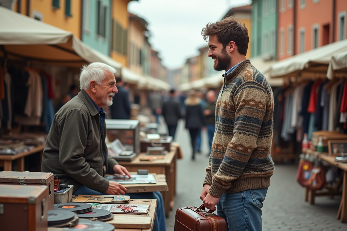 Jeune homme discutant avec un vendeur au marché vintage en plein air