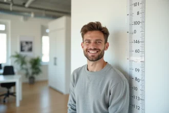 Jeune homme souriant à côté d'un mur de mesure dans un bureau moderne