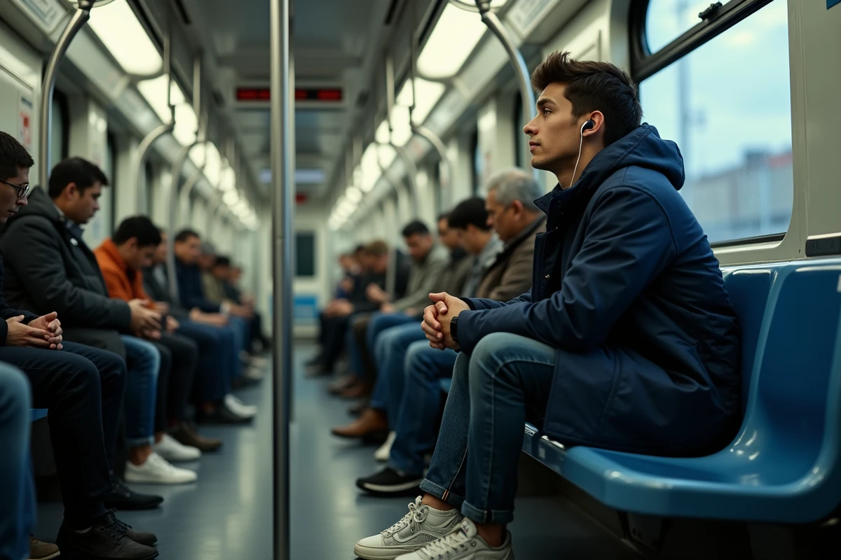 Jeune homme dans le métro écoutant de la musique