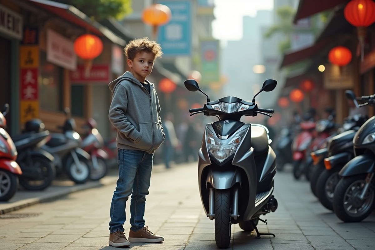 Jeune garçon avec moto 50cc en ville dynamique