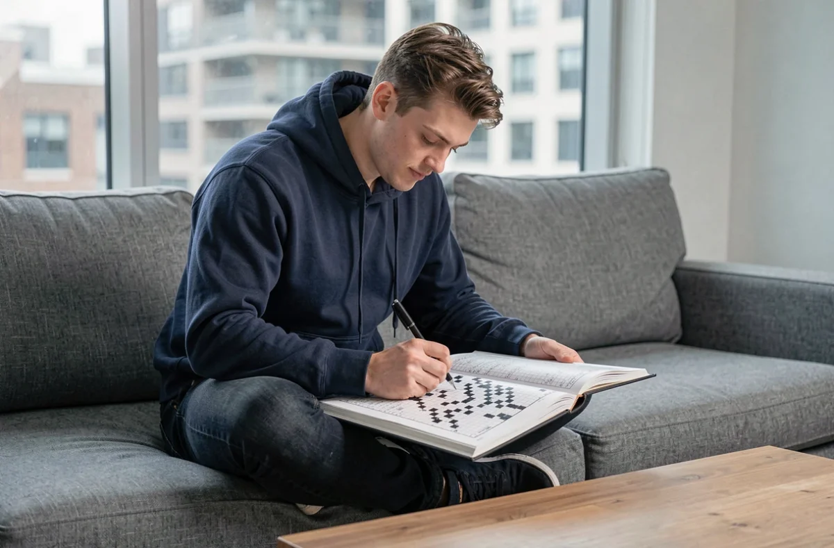Jeune homme résolvant un livre de mots fléchés assis sur un canapé dans un appartement moderne