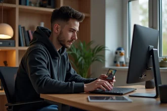 Jeune homme concentré utilisant un ordinateur portable dans un bureau moderne