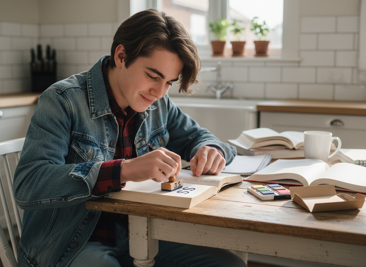 Adolescent estampant ses initiales sur un livre dans la cuisine