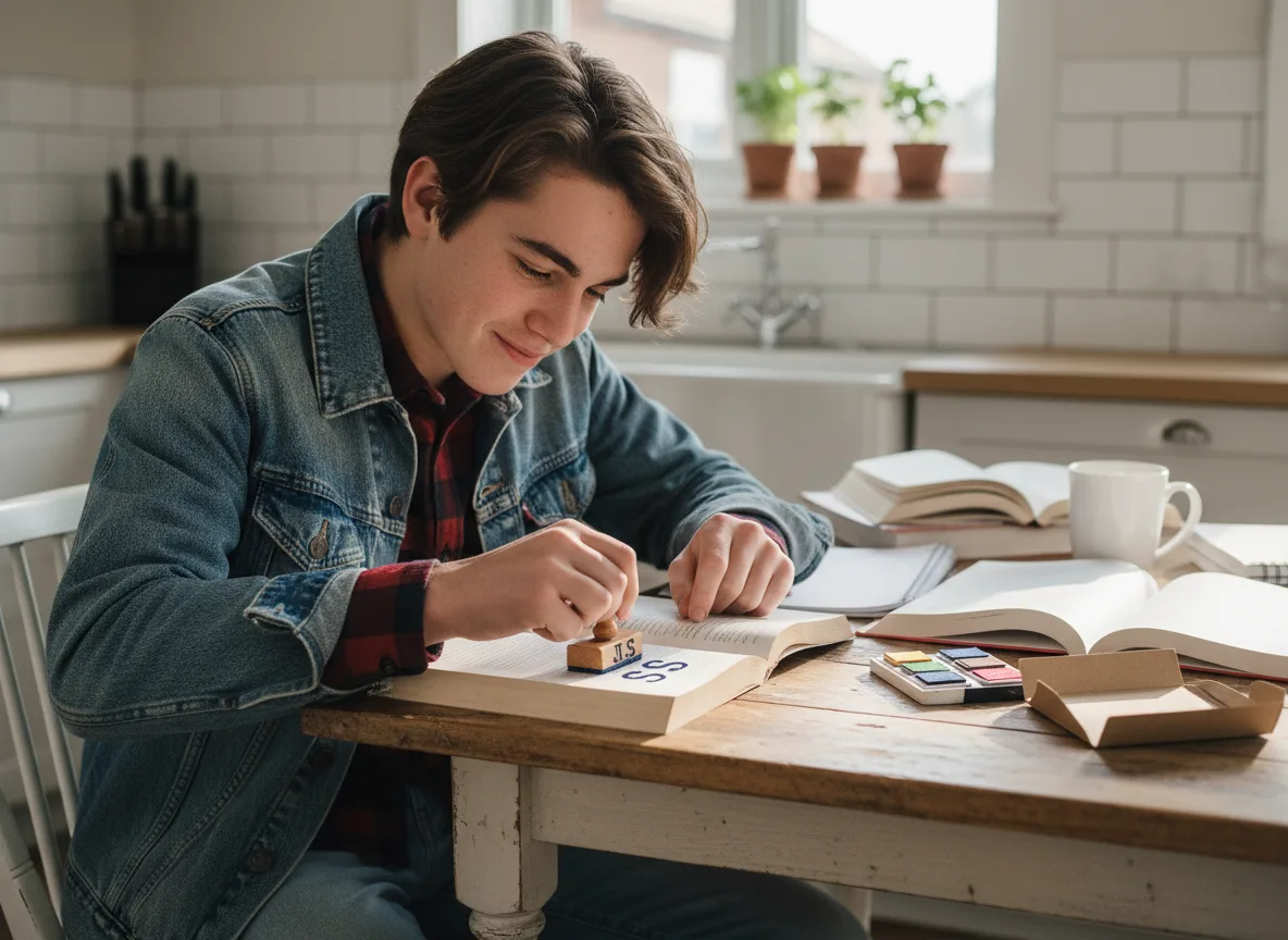 Adolescent estampant ses initiales sur un livre dans la cuisine