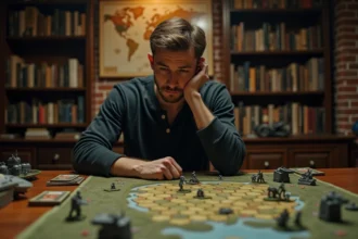 Joueur concentré analysant un jeu de stratégie militaire sur table avec des pièces miniatures et des tuiles de terrain hexagonales