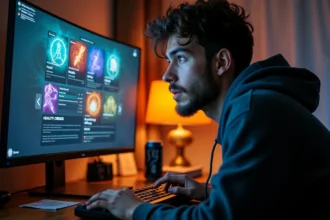 Joueur adulte concentré sur une quête de crise sanitaire dans un MMORPG fantasy sur son PC gaming