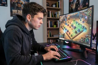 Joueur de TFT concentré devant son écran en fin de partie, visage frustré face à une composition qui s'effondre en late game