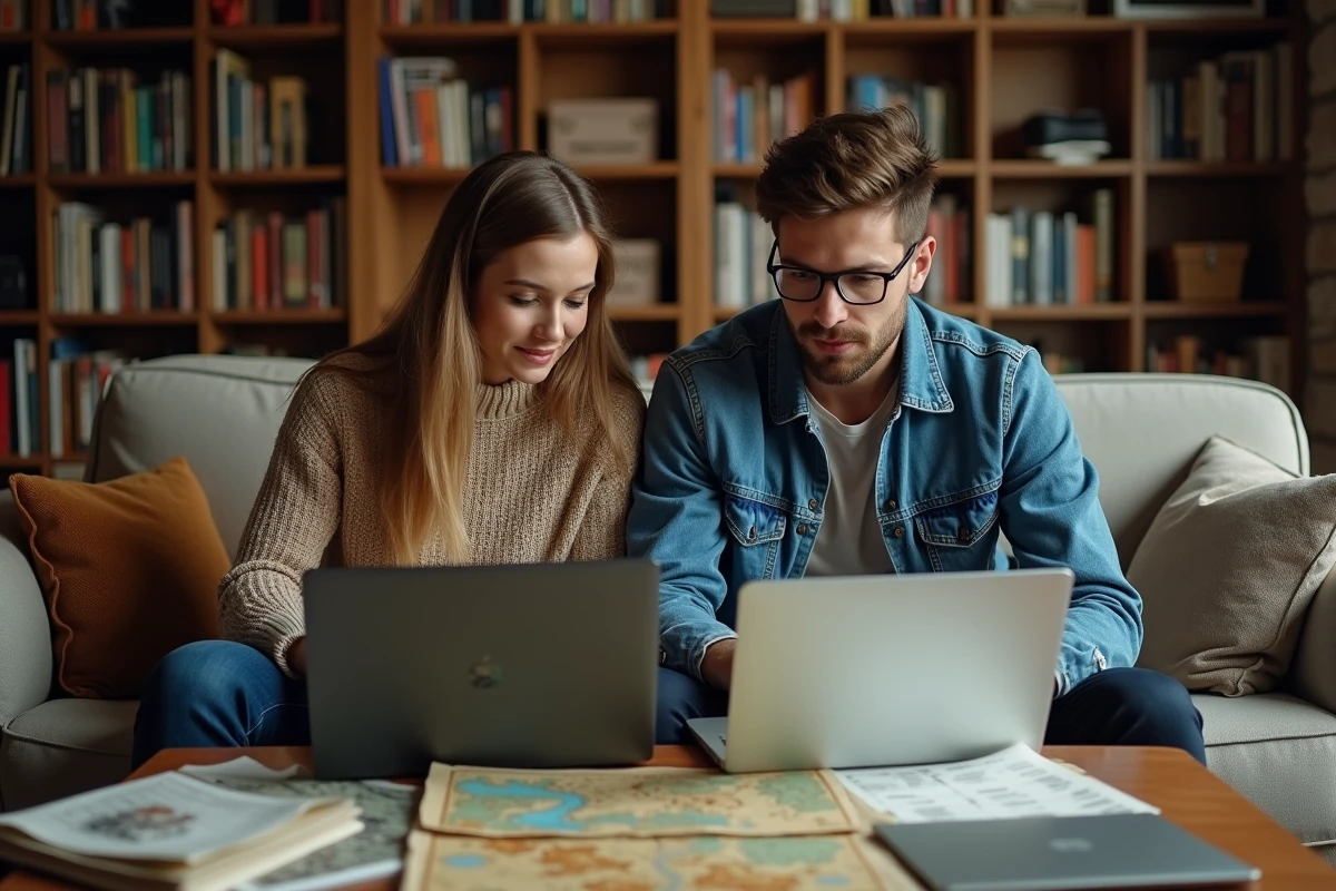Deux joueurs adultes collaborant sur une solution de crise sanitaire dans un jeu RPG avec guides et cartes