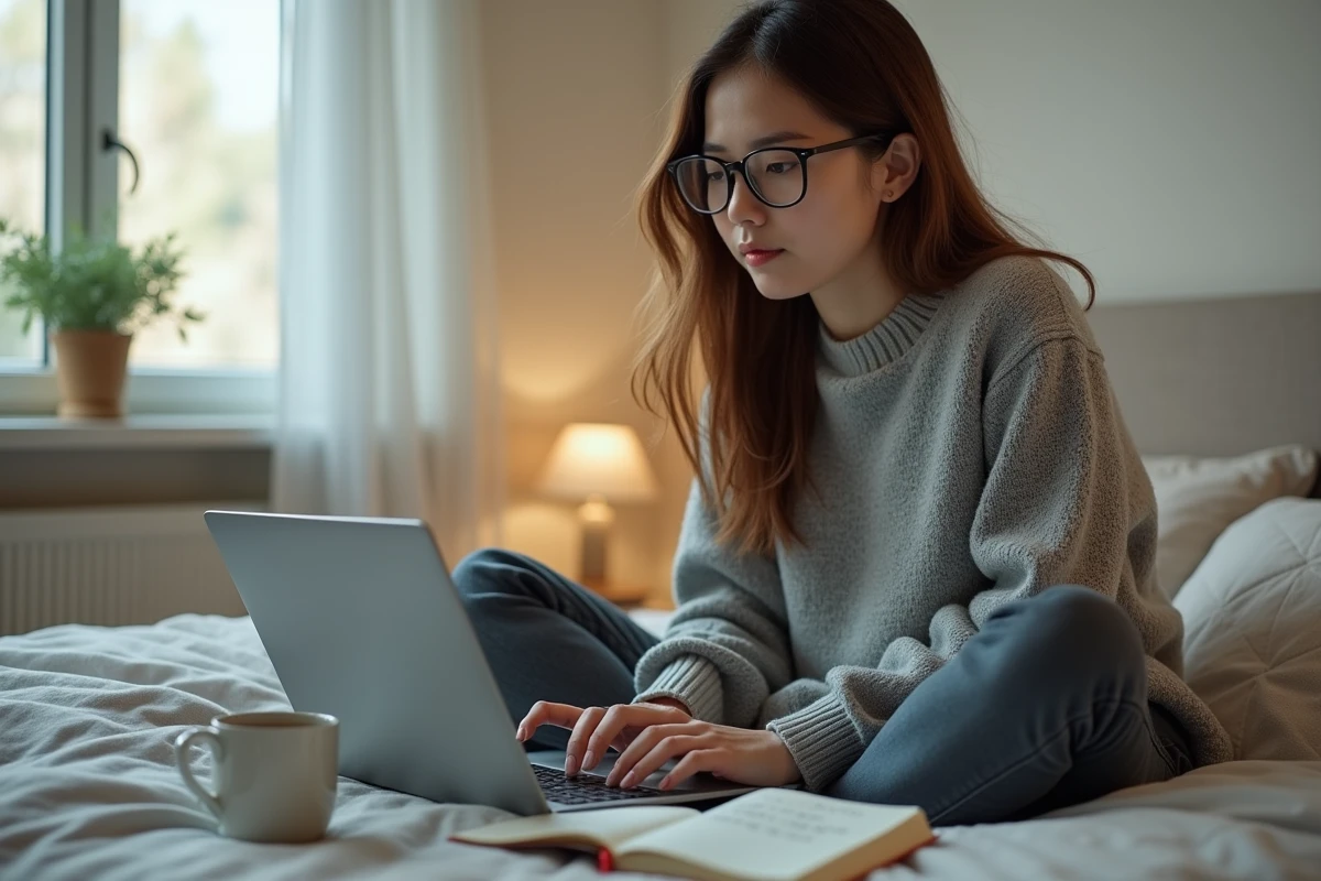 Joueuse adulte consultant un guide de solution pas à pas pour la crise sanitaire sur Dofus depuis son lit