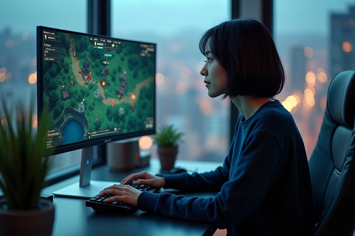Joueuse de jeu vidéo de stratégie en temps réel devant un écran affichant une carte tactique avec des formations militaires