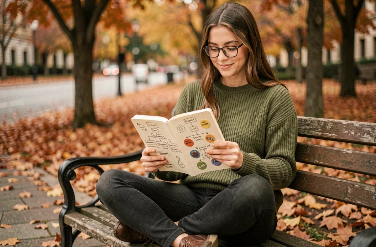 Jeune femme consultant son journal de succès et d'objectifs dans un parc en automne