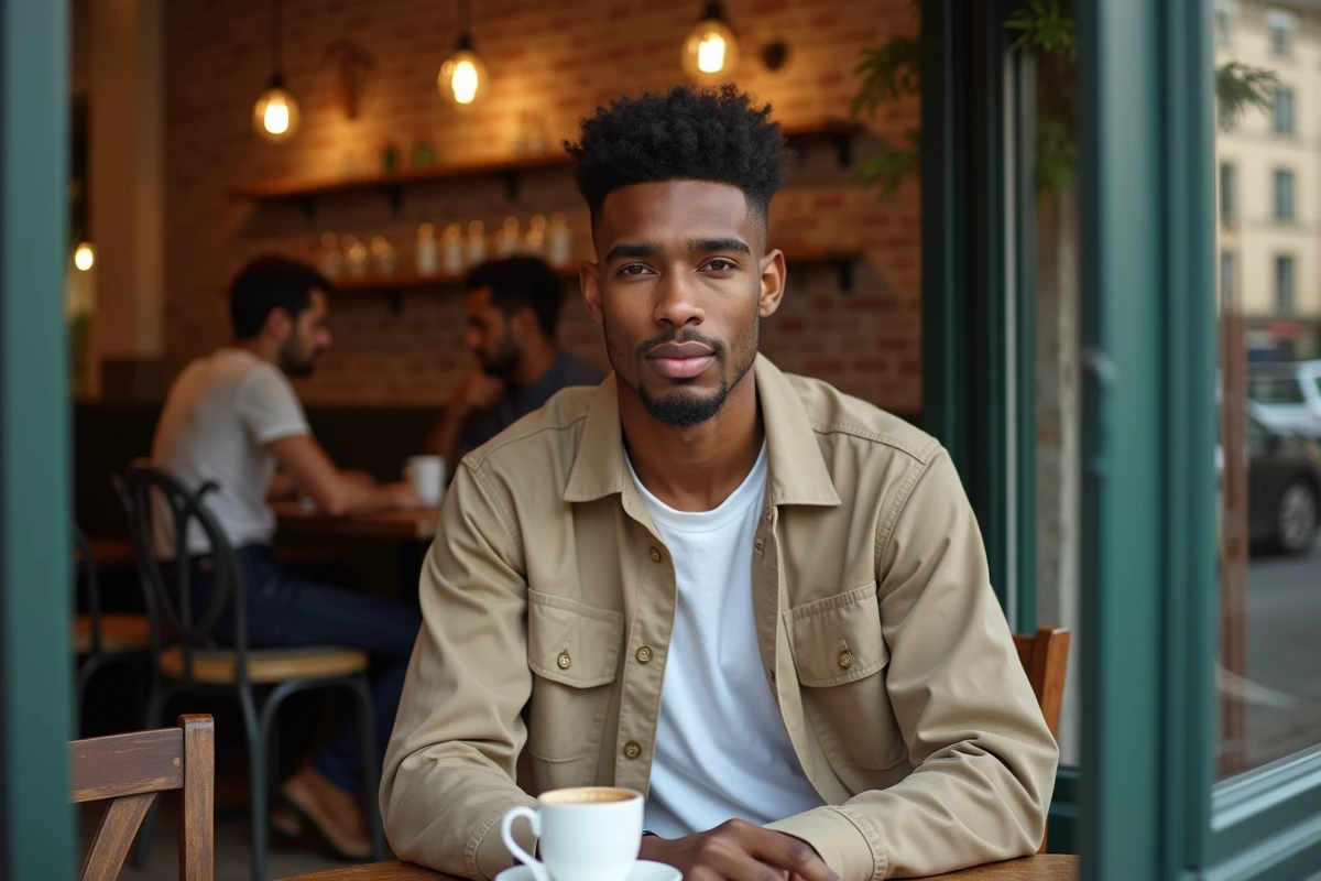 Rappeur français en interview dans un café parisien ambiance décontractée et naturelle