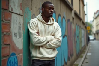 Portrait authentique d'un jeune rappeur français en hoodie blanc dans une rue parisienne avec graffitis