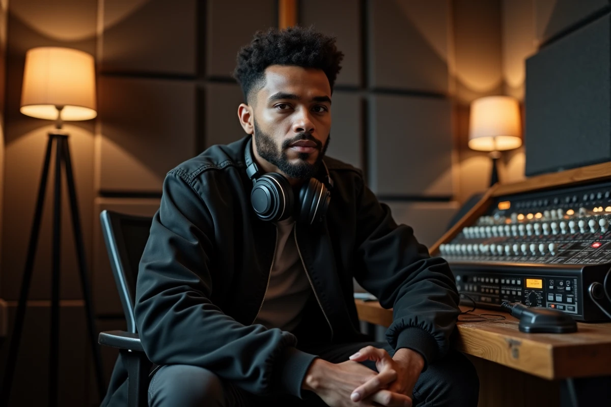 Rappeur en studio d'enregistrement casque autour du cou ambiance authentique et introspective