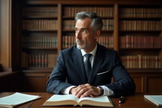 Juriste constitutionnaliste français dans une bibliothèque de droit évoquant l'article 16 de la Constitution