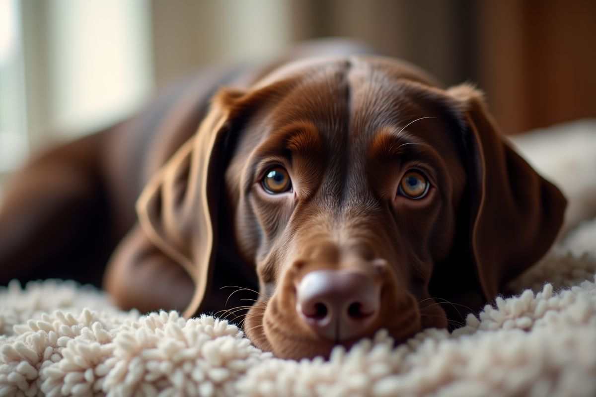 Labrador chocolat reposant sur une couverture douce avec lumière naturelle