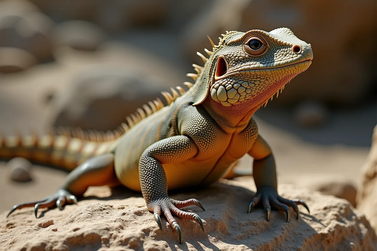 Lézard varan au soleil sur une roche en gros plan