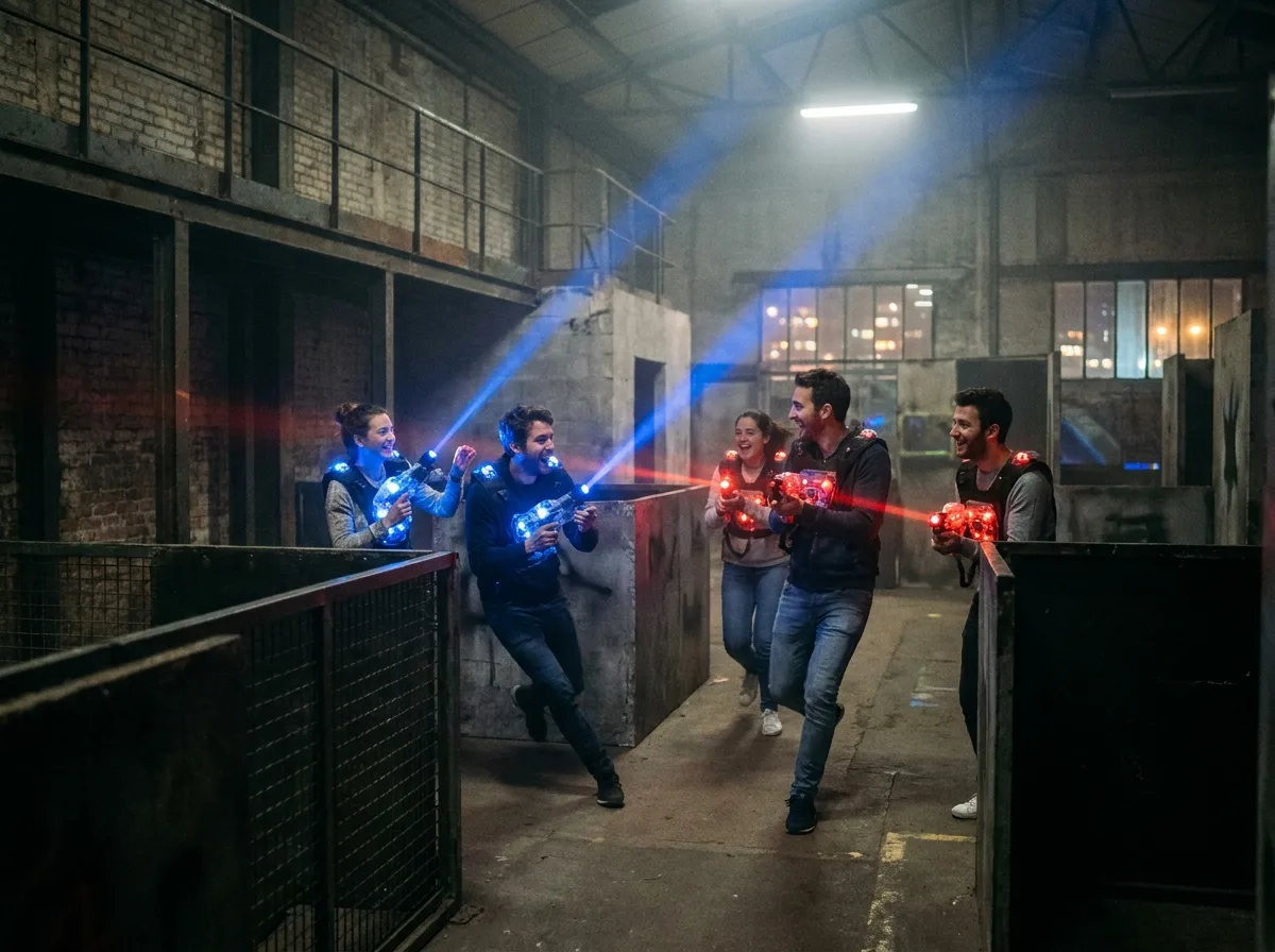 Amis jouant au laser game dans une salle à Paris