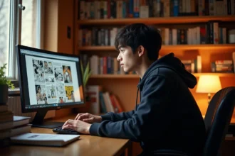 Jeune homme lisant des scans de manga sur un grand écran dans un bureau à domicile entouré de volumes imprimés