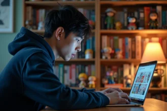 Jeune homme lisant le scan One Piece en VF sur son ordinateur portable dans un bureau manga