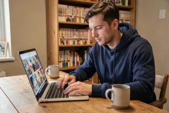 Homme lisant des scans manga sur un ordinateur portable dans un bureau à domicile entouré de volumes manga