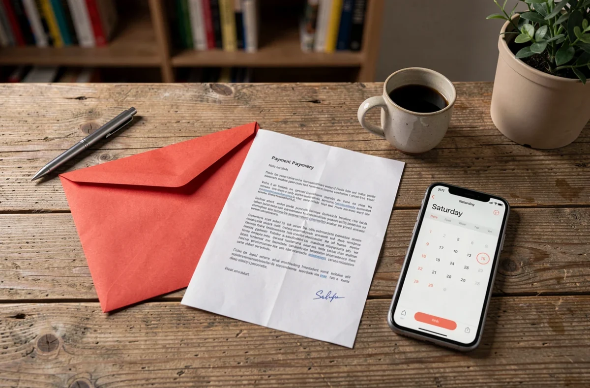 Lettre de paiement urgente reçue le samedi posée sur un bureau avec calendrier