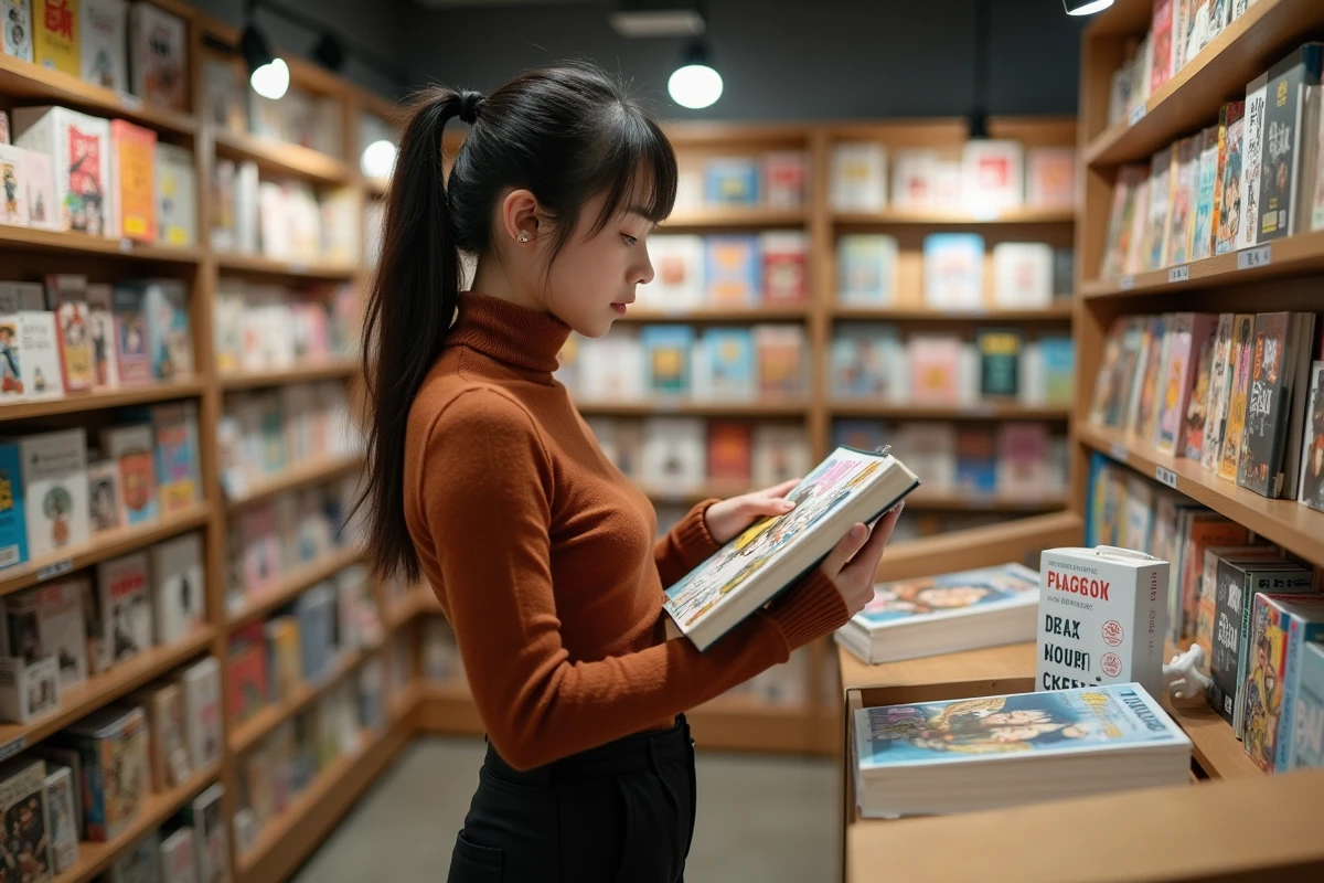 Jeune femme choisissant un manga Boys Love dans une librairie spécialisée aux étagères remplies de volumes manga