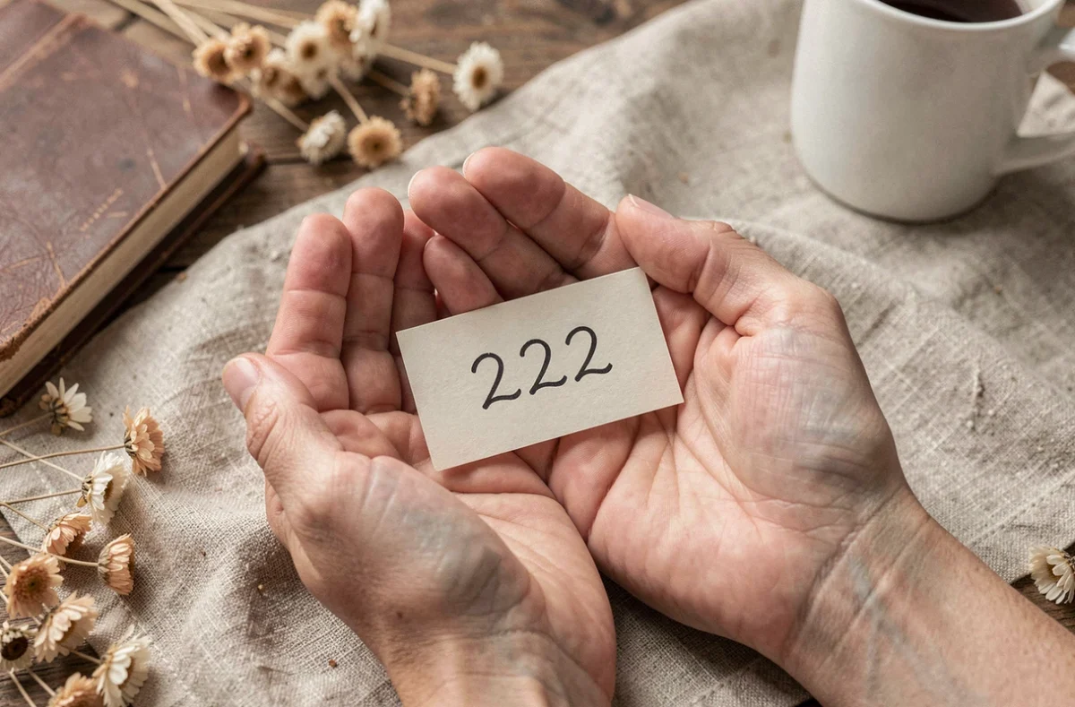 Mains tenant un papier avec le chiffre 222, symbolisant la signification karmique et le message de l'âme