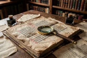 Manuscrit médiéval ancien ouvert sur une table en bois avec calligraphie slave et loupe en laiton, illustrant l'origine mystérieuse du prénom Sorlav
