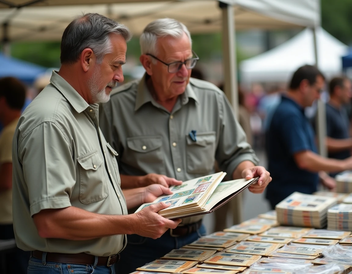 Deux collectionneurs inspectant des cartes téléphoniques rares sur un stand de marché aux puces