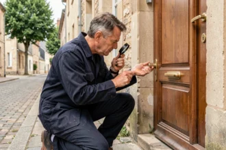 Serrurier professionnel examinant une serrure de sécurité sur une porte en bois dans une rue typique de l'Aisne