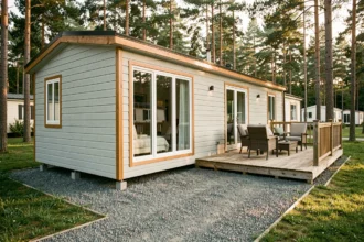 Mobil-home moderne haut de gamme avec terrasse en bois dans un camping entouré de pins