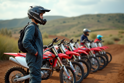 Jeune motocross homme avec motos 125cc en extérieur