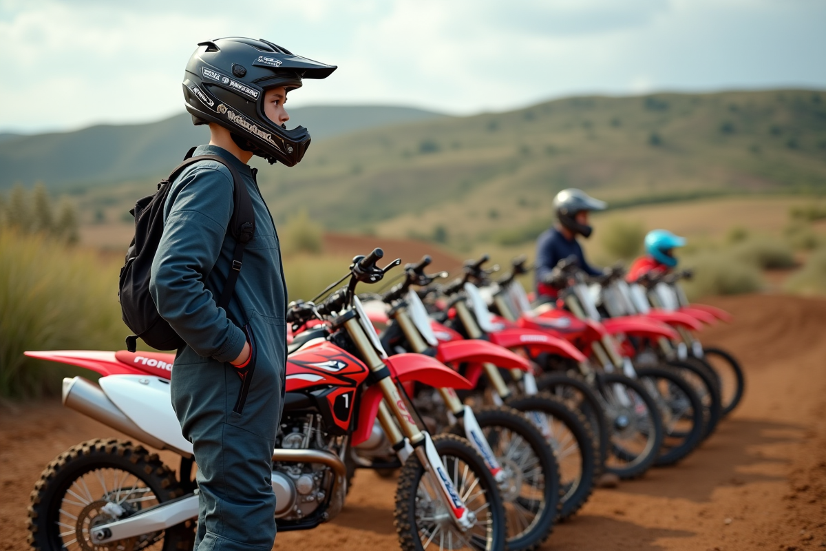Jeune motocross homme avec motos 125cc en extérieur