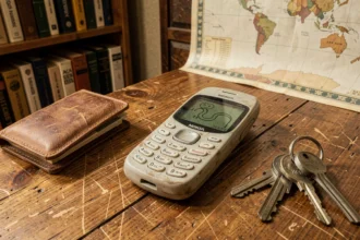 Nokia 3310 vintage posé sur un bureau en bois usé avec un portefeuille en cuir et des clés, ambiance rétro nostalgique